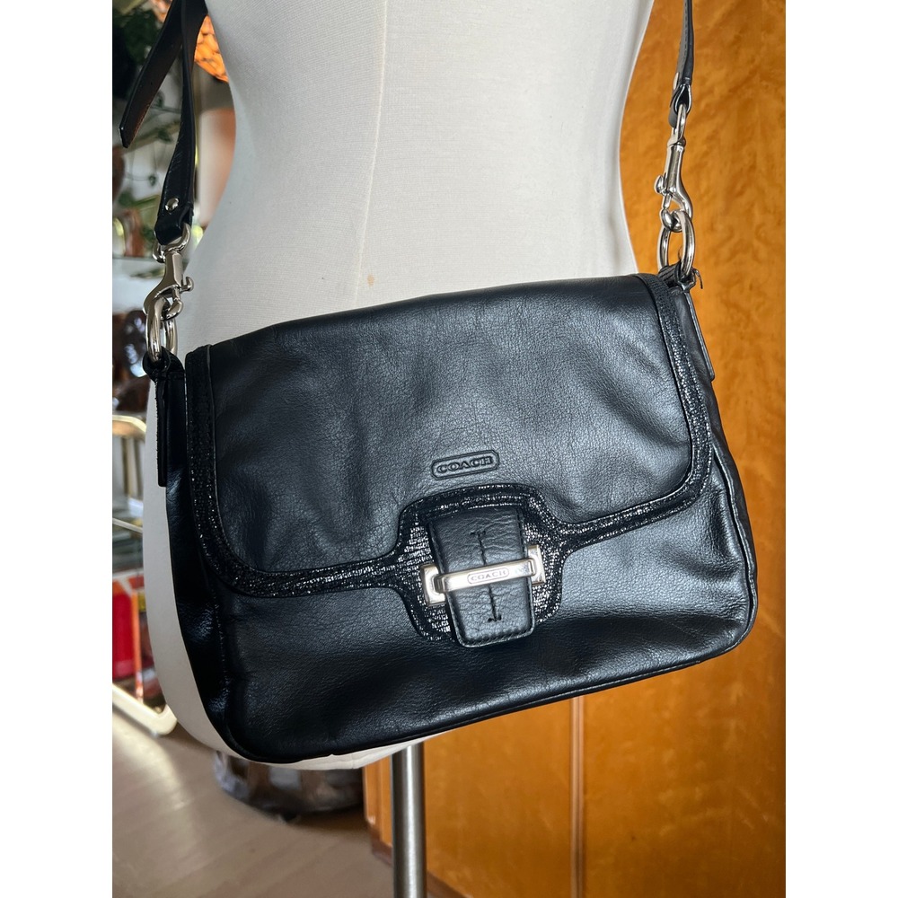 Coach Black Leather Crossbody‎ Bag Lizard Trim Silver Hardware